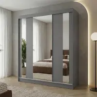 Beautysofa Armoire suspendue GAJA, 180 cm, avec miroir, armoire 3 portes, idéale pour une chambre à coucher moderne, couleur graphite/graphite, avec deux tiroirs