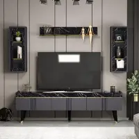 Homidea KARYA : Meuble TV mural avec étagères et meuble bas pour télévision – Meuble TV avec 3 portes et étagères murales, design moderne (gris anthracite/aspect marbre)