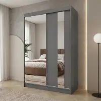 Beautysofa Armoire suspendue GAJA, 150 cm, avec portes coulissantes et miroir - 2 portes, idéale pour la chambre à coucher, couleur graphite/graphite, avec deux tiroirs intégrés