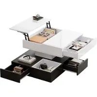 Youjia Table basse 70 × 70 × 40 cm avec plateau pivotant à 360°, table de salon à double épaisseur avec 3 tiroirs, table de canapé relevable, table d'appoint avec espace de rangement