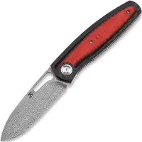 Kansept Knives Couteau pliant Mato Damascus, Twill CF/Red and Black G-10