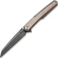 Kansept Knives Couteau pliant Arcus Framelock Damascus, Bronze Ti/Brown Micarta