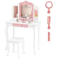 Coast Coiffeuse pour enfants avec tabouret, Coiffeuse princesse avec tiroir & miroir pliable 3 compartiments, Coiffeuse rose blanche, Coiffeuse pour filles
