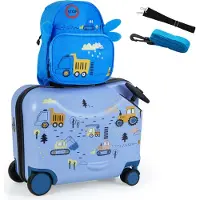 Costway 2pcs valise + sac à dos pour enfants, 12"+18" trolley pour enfants avec roulettes, coque rigide, sangle de transport, corde & repose-pieds, bagage pour enfants, valise à roulettes, pelleteuse