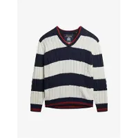Superdry Femme Pull OverTaille Torsadé et Rayé à col V Navy Taille: 38
