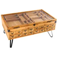 Meublorama Table basse CURIONA 100 cm avec plateau en verre et 8 tiroirs style industriel