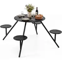 Costway Ensemble de table de pique-nique pour 4 personnes, table de jardin en métal avec trou pour parasol, mobilier de terrasse, mobilier de jardin, ensemble de sièges