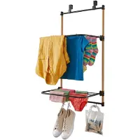 Relaxdays , étendoir à linge pour porte, à suspendre, avec 2 ailes pliables, 4 crochets, en bambou et métal, séchoir à linge suspendu, noir/naturel