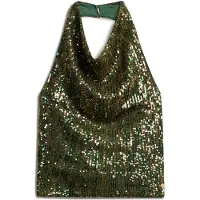 Superdry Cowl Halter Sequin Sleeveless Blouse Vert XL Femme