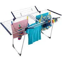 Relaxdays Support à linge , pliable et extensible, dimensions : 96,5 x 98-161,5 x 95 cm, en métal, avec sac à pinces, séchoir à linge, blanc/bleu