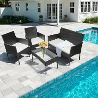 Eikuavons Ensemble de mobilier de jardin , 4 pièces, en résine tressée, comprenant 2 fauteuils, une banquette 2 places et une table en verre, de couleur noire