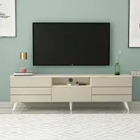 Homidea LUNAR : Meuble TV bas de 180 cm avec espace de rangement et portes – Meuble TV moderne de style scandinave – Meuble TV pour salon – Beige travertin