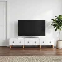 Prolenta Meuble TV exclusif - Étagère TV avec tiroirs, blanche, 147 x 34,5 x 30 cm, en panneaux de particules