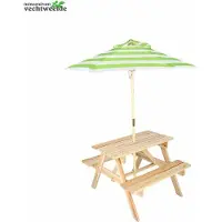 Esschert Design Table de pique-nique pour enfants , idéale pour le jardin, avec parasol – Banc de pique-nique en bois pour enfants – Table d'activités pour le jardin – Dimensions : 116 x 100 x 1 cm