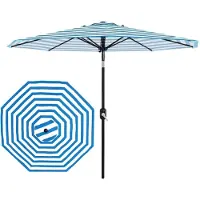 StarTech.com Parasol - Parasol de jardin - Diamètre de 270 cm - Protection UV - Imperméable - Manivelle et inclinable - Stabilisé contre le vent - Rayures bleues et blanches
