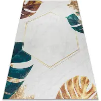 Rugsx Tapis lavable ANDRE 1150 Feuilles de monstère, cubes antidérapant - blanc / or 160x220 cm