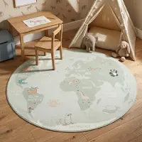 Little Olly Tapis enfant rond - Globe Menthe | Ø 100 cm | Rond | Pile courte