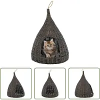 The Living Store Maison pour chats avec coussin Gris 40x60 cm osier naturel Tipi