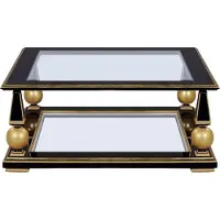 Casa Padrino Luxe Table basse Art Déco Noir / Or 113 x 113 x H. 47 cm - Table de salon somptueuse en bois massif avec plateaux en verre - Meubles de salon Art Déco