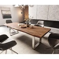 DELIFE Table-à-manger Edge 260x100 XL acacia marron acier inoxydable mince Live-Edge