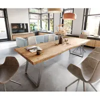 DELIFE Table-à-manger Edge 260x100cm XL acacia nature acier inoxydable argent incliné Live-Edge