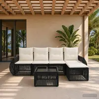Prolenta Maison Exclusive - Ensemble de canapés de jardin pour 6 personnes, en résine tressée noire et crème