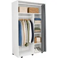 VCM Armoire sur roulettes H. 175 x L. 101 x P. 51 cm avec penderie, étagères et rideau, armoire mobile - Ostila
