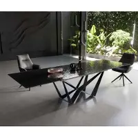 DELIFE Table à manger Edge 200-300x100 verre fondu noir fumé relief en 3D Spider acier plat noir extensible