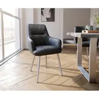 DELIFE Chaise-de-salle-à-manger Zelia-Flex avec accoudoirs cuir de vache noir 4 pieds coniques acier inoxydable brossé ressorts ensachés