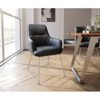 DELIFE Chaise-de-salle-à-manger Zelia-Flex avec accoudoirs cuir de vache noir pied trapèze acier inoxydable brossé ressorts ensachés