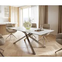 DELIFE Table-à-manger Edge 200x100cm Laminam céramique blanc pieds milieu croisé argent