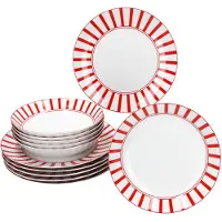 MamboCat Split rouge rayé 12pcs service de table porcelaine 6 pers assiette creuse assiette à soupe rayée