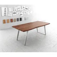 DELIFE Table-à-manger Edge 200x100cm acacia marron acier inoxydable argent incliné Live-Edge