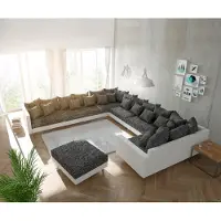 DELIFE Canapé-panoramique Clovis XXL blanc noir avec tabouret et accoudoirs poufs gauche