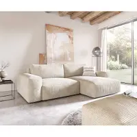DELIFE Canapé d'angle Lanzo XL 270x180 cm Velours côtelé Beige Recamière variable avec Tabouret