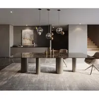 DELIFE Table de salle à manger Edge Céramique Emperador Extra Lucidato Brun foncé 300x100 Pilier Métal finition effet Titane