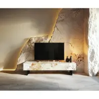 DELIFE Meuble-TV Cuor 150 cm Céramique Minas Melange Blanc-beige 1 Clapet 1 Tiroir Pied optique flottant Métal Noir