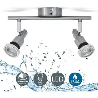 B.K.Licht Plafonnier LED 2 spots orientables IP44, métal nickel mat chromé, GU10 5W incluses, 400lm 3000K blanc chaud, pour salle de bain et pièces à vivre