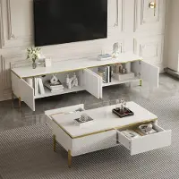 MODFU Ensemble de tables basses Armoire TV avec espace de rangement,Banc TV avec bord doré,Table basse avec tiroirs,Blanc
