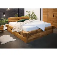 G + K MASSIVMOEBEL24 | Lit double avec tiroirs 180x200 Chêne sauvage huilé Bois naturel JANGALI #620
