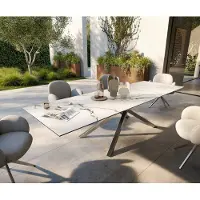 DELIFE Table d’extérieur Edge 300x100 cm céramique Calacatta Luxe blanc-or-gris piètement croisé rectangulaire en acier inoxydable