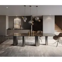 DELIFE Table de salle à manger Edge Céramique Emperador Extra Lucidato Brun foncé 300x100 Pilier Acier inoxydable Graphite