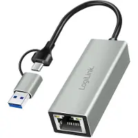 Logilink UA0238B (USB-C, USB-C 3.2 Gen 1), Adaptateur réseau, Gris