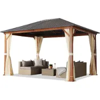 TOOLPORT Tonnelle de jardin 3x4 m aspect bois, toit en acier 4 parois latérales, champagne