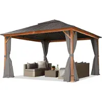TOOLPORT Tonnelle de jardin 4x4 m aspect bois, toit en acier 4 parois latérales, gris
