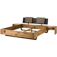 MASSIVMOEBEL24.DE MASSIVMOEBEL24 | Lit en bois de Chêne sauvage avec tables de nuit et tête de lit tapissée taupe 200x200 naturel huilé / laqué KITZBÜHEL #271