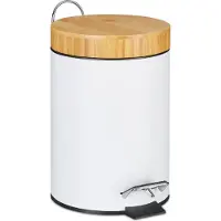 Relaxdays Poubelle de salle de bain , 3 l, poubelle cosmétique avec système d'ouverture automatique, couvercle en bambou, seau intérieur amovible, poubelle à pédale, blanche