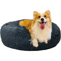 Markenlos Lit pour chien et chat 40 cm rond pelucheux doux antislip lavable (S ~ gris clair)