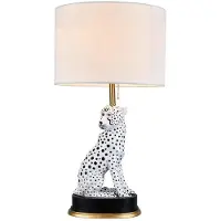 Casa Padrino Luxus Keramik Tischlampe Puma Katze Weiß / Schwarz / Gold Ø 38 x H. 72 cm - Lampe de bureau en céramique avec abat-jour rond - Luxus Keramik Leuchten