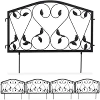 Relaxdays Clôture de parterre 8 pièces, bordure de parterre pour jardin, clôture à emboîter en fer, style antique, motif feuillage, clôture décorative, H x L 33 x 450 cm, noir
